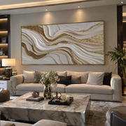 "Ridge Gilded Wave Relief" - Modern Heavy Impasto Landscape Artwork | White & Beige Palette Knife Painting | Luxury Horizontal Wall Art #Q 347