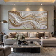 "Ridge Gilded Wave Relief" - Modern Heavy Impasto Landscape Artwork | White & Beige Palette Knife Painting | Luxury Horizontal Wall Art #Q 347