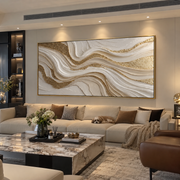 "Ridge Gilded Wave Relief" - Modern Heavy Impasto Landscape Artwork | White & Beige Palette Knife Painting | Luxury Horizontal Wall Art #Q 347