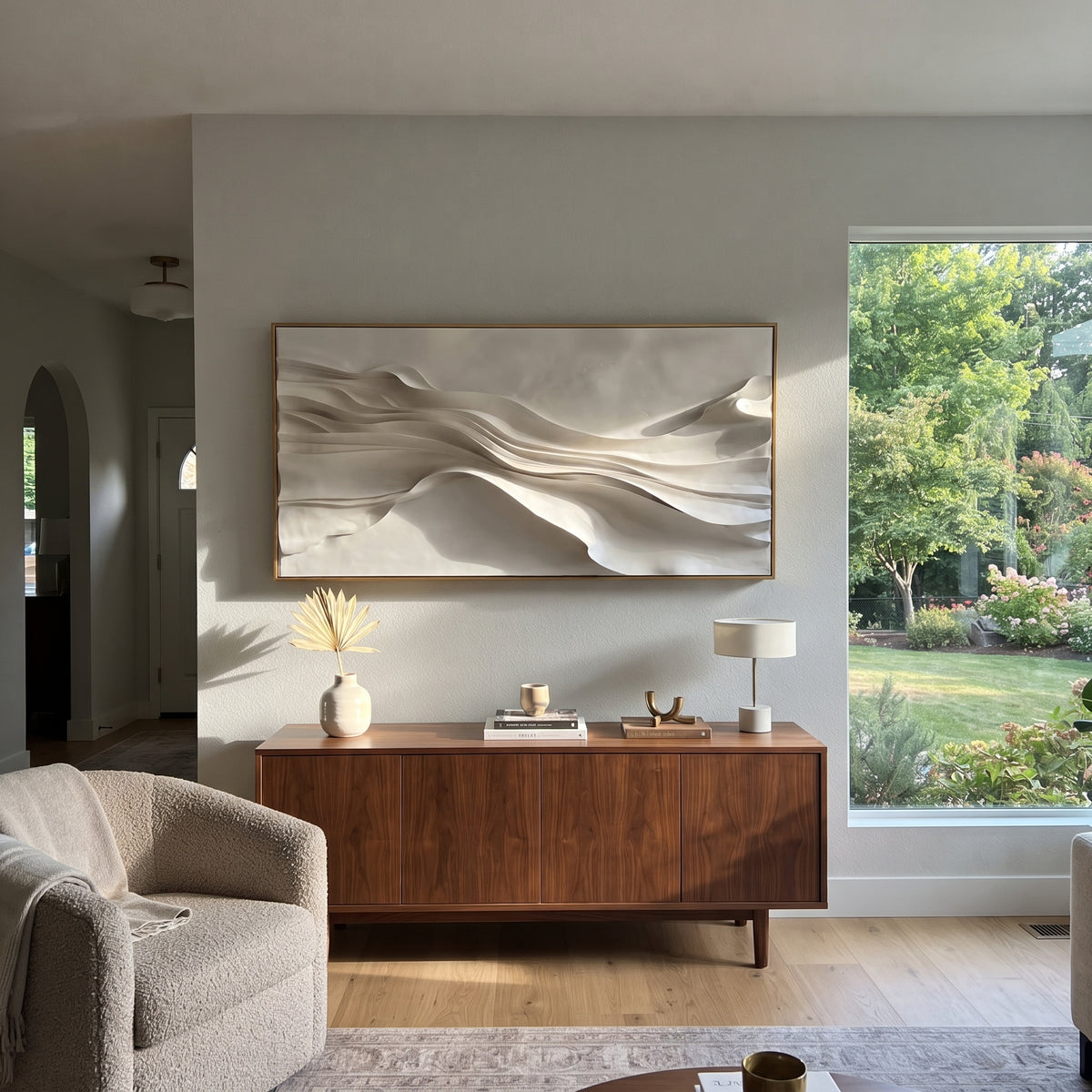 Raised Gold Foil Ridge Relief focuses on white, beige, grey abstract textured layers with raised ridges, mineral breaks, and handmade palette-knife depth, keeping the product description tied to the visible artwork rather than a generic texture category. The composition is built from layered ridges, carved plaster edges, curved bands, granular breaks, and raised channels that move across the canvas with a clear directional rhythm. Pale passages, darker accents, warm neutral tones, and metallic
