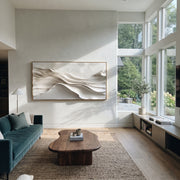 "Raised Gold Foil Ridge Relief" - Modern Heavy Impasto Landscape Artwork | White & Beige Palette Knife Painting | Luxury Horizontal Wall Art #Q 348