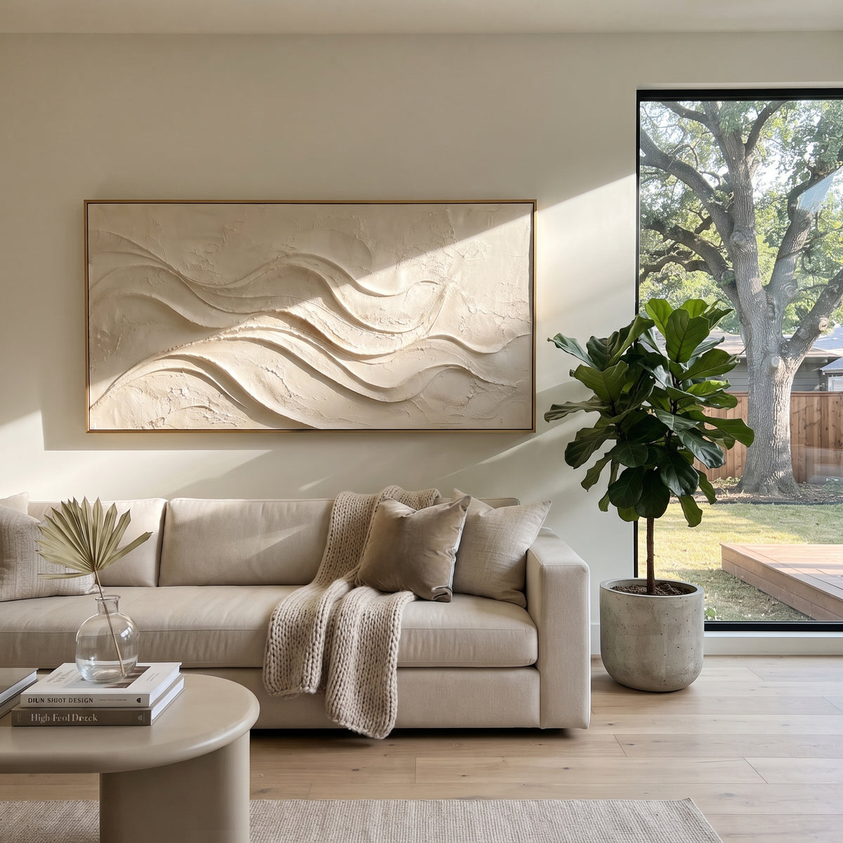 Winding Bright Mineral Line Relief focuses on white, beige, brown abstract textured layers with raised ridges, mineral breaks, and handmade palette-knife depth, keeping the product description tied to the visible artwork rather than a generic texture category. The composition is built from layered ridges, carved plaster edges, curved bands, granular breaks, and raised channels that move across the canvas with a clear directional rhythm. Pale passages, darker accents, warm neutral tones, and