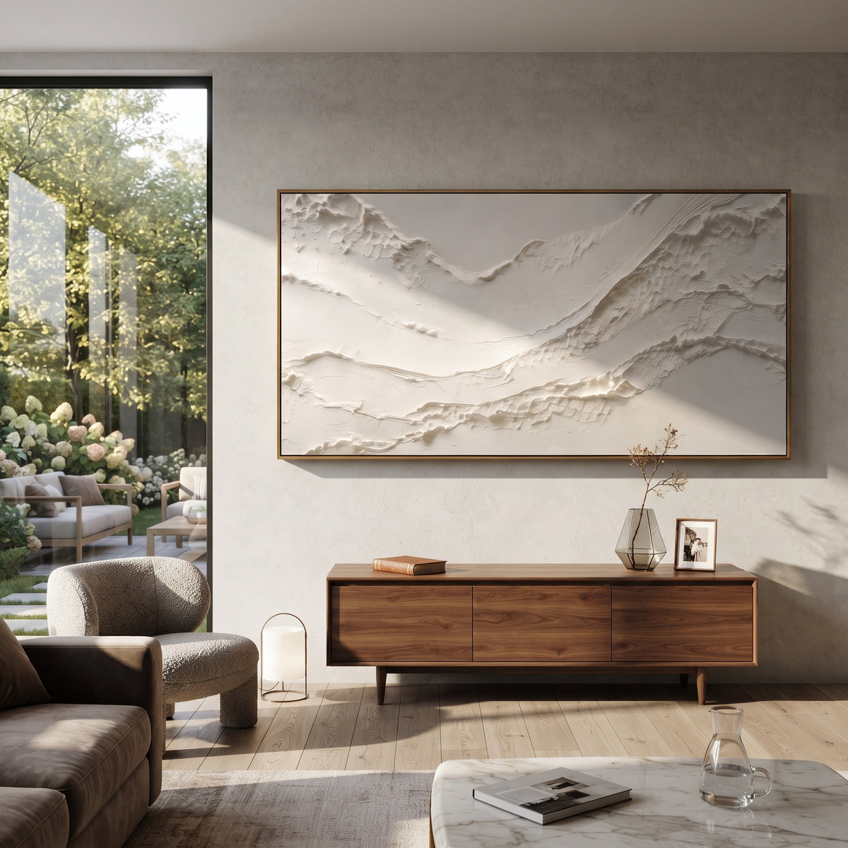 Marbled Painted Strata Relief focuses on white, beige, brown abstract textured layers with raised ridges, mineral breaks, and handmade palette-knife depth, keeping the product description tied to the visible artwork rather than a generic texture category. The composition is built from layered ridges, carved plaster edges, curved bands, granular breaks, and raised channels that move across the canvas with a clear directional rhythm. Pale passages, darker accents, warm neutral tones, and metallic