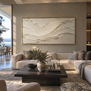 "Marbled Painted Strata Relief" - Modern Heavy Impasto Topographic Abstract | White & Beige Palette Knife Painting | Luxury Horizontal Wall Art #Q 352