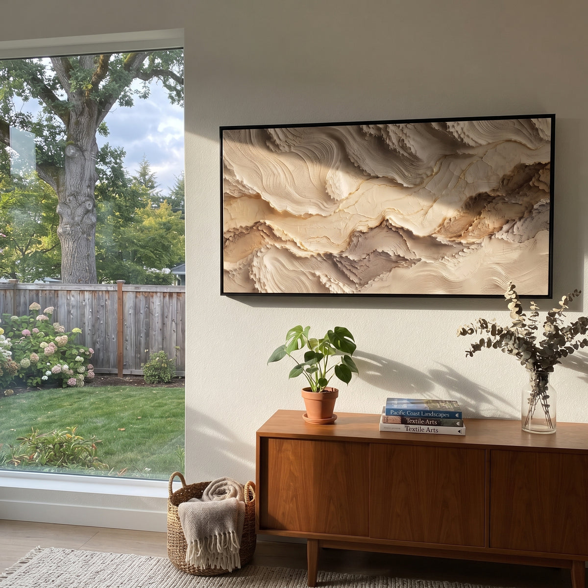 Horizon Ribbon Current Relief focuses on white, beige, grey raised plaster waves with folded contour bands, soft dune-like ridges, and quiet negative space across the panoramic composition, keeping the product description tied to the visible artwork rather than a generic texture category. The composition is built from layered ridges, carved plaster edges, curved bands, granular breaks, and raised channels that move across the canvas with a clear directional rhythm. Pale passages, darker accents