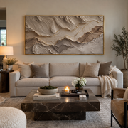 "Horizon Ribbon Current Relief" - Modern Heavy Impasto Topographic Abstract | White & Beige Palette Knife Painting | Luxury Horizontal Wall Art #Q 353