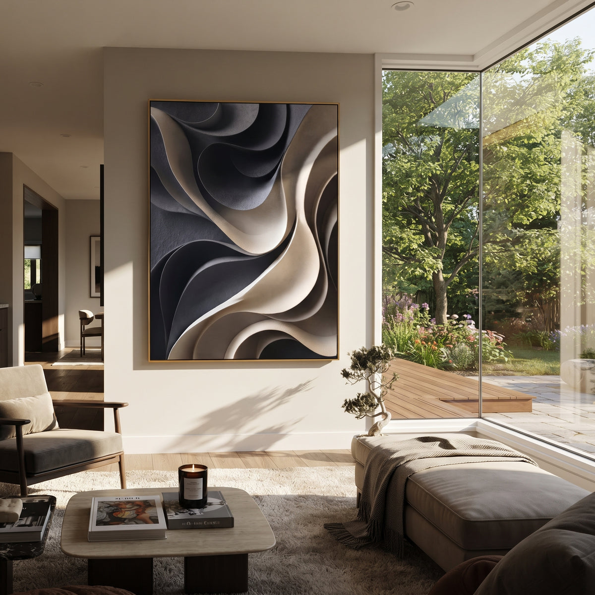Soft Monochrome Curve Relief focuses on white, grey, black high-contrast black and cream curved layers with sculpted shadows, smooth folds, and modern monochrome movement, keeping the product description tied to the visible artwork rather than a generic texture category. The composition is built from layered ridges, carved plaster edges, curved bands, granular breaks, and raised channels that move across the canvas with a clear directional rhythm. Pale passages, darker accents, warm neutral