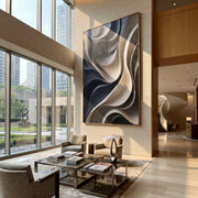 "Soft Monochrome Curve Relief" - Modern Heavy Impasto Abstract Artwork | White & Grey Palette Knife Painting | Luxury Vertical Wall Art #Q 354