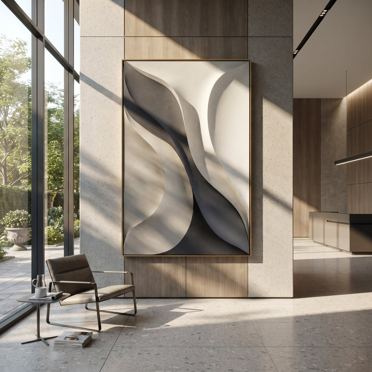 Granular Shadow Wave Relief focuses on white, grey, beige high-contrast black and cream curved layers with sculpted shadows, smooth folds, and modern monochrome movement, keeping the product description tied to the visible artwork rather than a generic texture category. The composition is built from layered ridges, carved plaster edges, curved bands, granular breaks, and raised channels that move across the canvas with a clear directional rhythm. Pale passages, darker accents, warm neutral