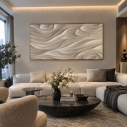 "Mineral Soft Ridge Relief" - Modern Heavy Impasto Landscape Artwork | White & Beige Palette Knife Painting | Luxury Horizontal Wall Art #Q 356
