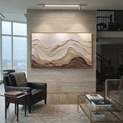 "Shadowed Folded Shore Relief" - Modern Heavy Impasto Topographic Abstract | White & Beige Palette Knife Painting | Luxury Horizontal Wall Art #Q 357