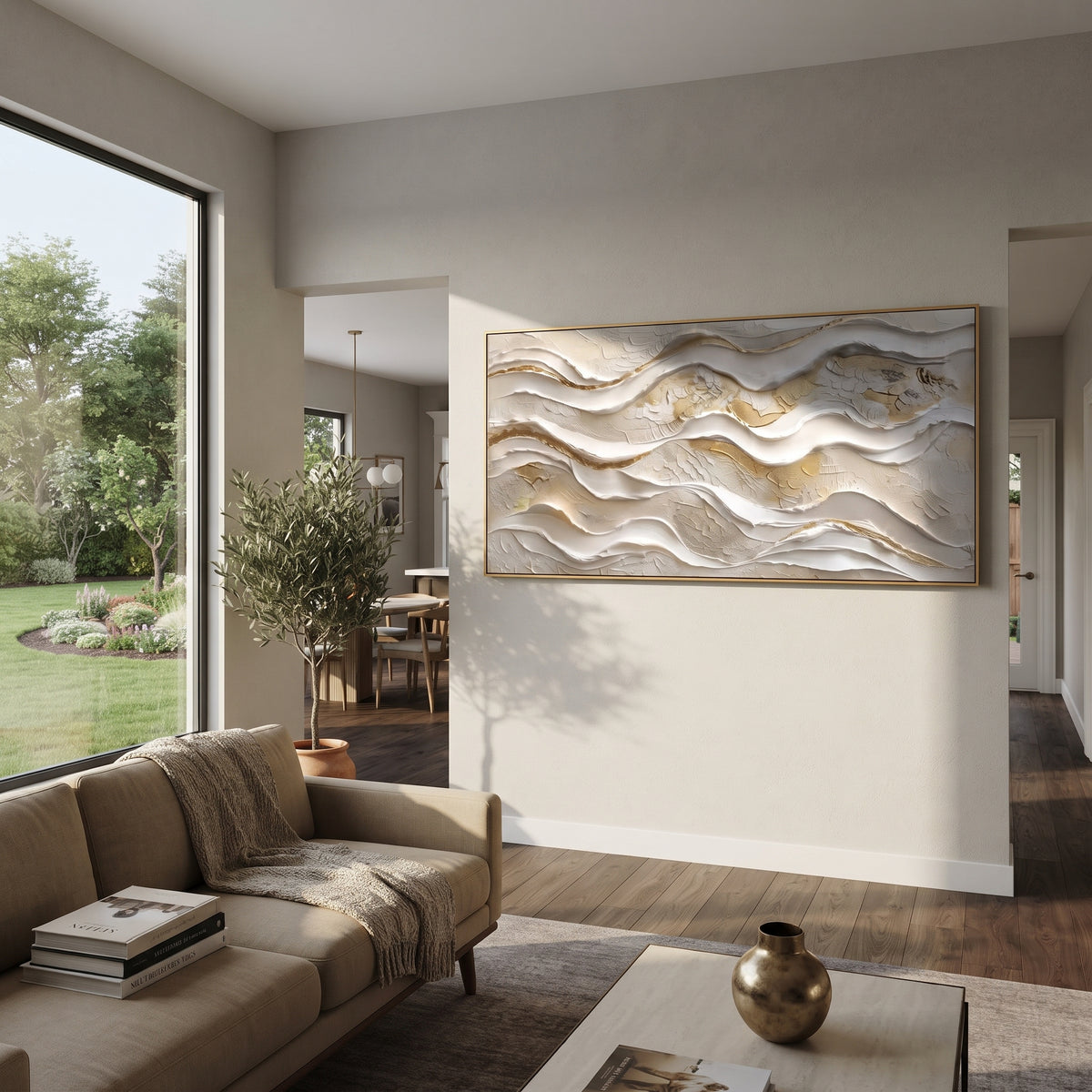 Flowing Wind Line Relief focuses on white, beige, grey raised plaster waves with folded contour bands, soft dune-like ridges, and quiet negative space across the panoramic composition, keeping the product description tied to the visible artwork rather than a generic texture category. The composition is built from layered ridges, carved plaster edges, curved bands, granular breaks, and raised channels that move across the canvas with a clear directional rhythm. Pale passages, darker accents, warm