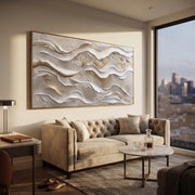 "Flowing Wind Line Relief" - Modern Heavy Impasto Topographic Abstract | White & Beige Palette Knife Painting | Luxury Horizontal Wall Art #Q 359