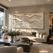 "Flowing Wind Line Relief" - Modern Heavy Impasto Topographic Abstract | White & Beige Palette Knife Painting | Luxury Horizontal Wall Art #Q 359