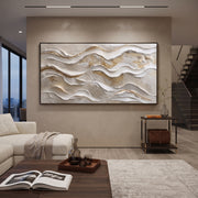 "Flowing Wind Line Relief" - Modern Heavy Impasto Topographic Abstract | White & Beige Palette Knife Painting | Luxury Horizontal Wall Art #Q 359
