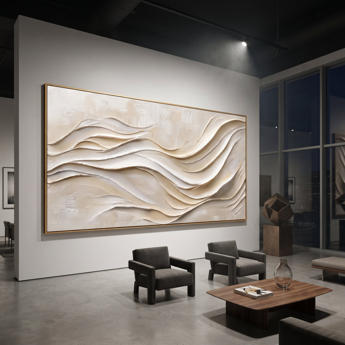 Sculpted Calm Drift Relief focuses on white, beige, grey raised plaster waves with folded contour bands, soft dune-like ridges, and quiet negative space across the panoramic composition, keeping the product description tied to the visible artwork rather than a generic texture category. The composition is built from layered ridges, carved plaster edges, curved bands, granular breaks, and raised channels that move across the canvas with a clear directional rhythm. Pale passages, darker accents
