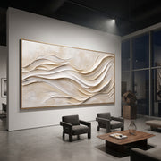 "Sculpted Calm Drift Relief" - Modern Heavy Impasto Topographic Abstract | White & Beige Palette Knife Painting | Luxury Horizontal Wall Art #Q 360