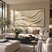 "Sculpted Calm Drift Relief" - Modern Heavy Impasto Topographic Abstract | White & Beige Palette Knife Painting | Luxury Horizontal Wall Art #Q 360
