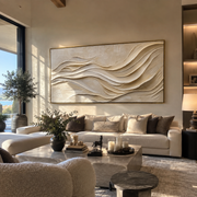 "Sculpted Calm Drift Relief" - Modern Heavy Impasto Topographic Abstract | White & Beige Palette Knife Painting | Luxury Horizontal Wall Art #Q 360