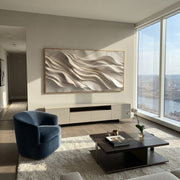 "Brushed Layered Wave Relief" - Modern Heavy Impasto Ocean Wave Seascape | White & Beige Palette Knife Painting | Luxury Horizontal Wall Art #Q 361