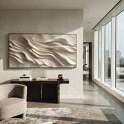 "Brushed Layered Wave Relief" - Modern Heavy Impasto Ocean Wave Seascape | White & Beige Palette Knife Painting | Luxury Horizontal Wall Art #Q 361