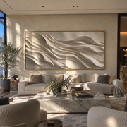 "Brushed Layered Wave Relief" - Modern Heavy Impasto Ocean Wave Seascape | White & Beige Palette Knife Painting | Luxury Horizontal Wall Art #Q 361