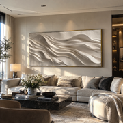 "Brushed Layered Wave Relief" - Modern Heavy Impasto Ocean Wave Seascape | White & Beige Palette Knife Painting | Luxury Horizontal Wall Art #Q 361
