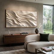 "Brushed Layered Wave Relief" - Modern Heavy Impasto Ocean Wave Seascape | White & Beige Palette Knife Painting | Luxury Horizontal Wall Art #Q 361