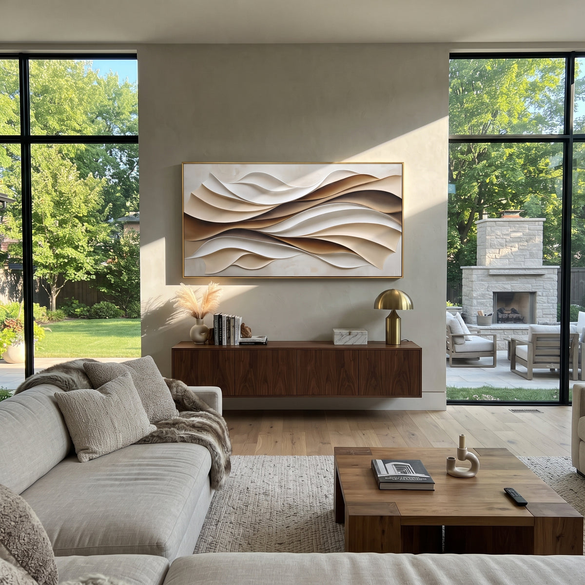 Earthtone Cream Current Relief focuses on white, beige, grey raised plaster waves with folded contour bands, soft dune-like ridges, and quiet negative space across the panoramic composition, keeping the product description tied to the visible artwork rather than a generic texture category. The composition is built from layered ridges, carved plaster edges, curved bands, granular breaks, and raised channels that move across the canvas with a clear directional rhythm. Pale passages, darker