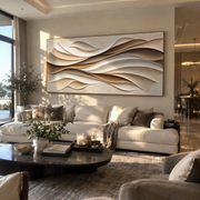 "Earthtone Cream Current Relief" - Modern Heavy Impasto Topographic Abstract | White & Beige Palette Knife Painting | Luxury Horizontal Wall Art #Q 363