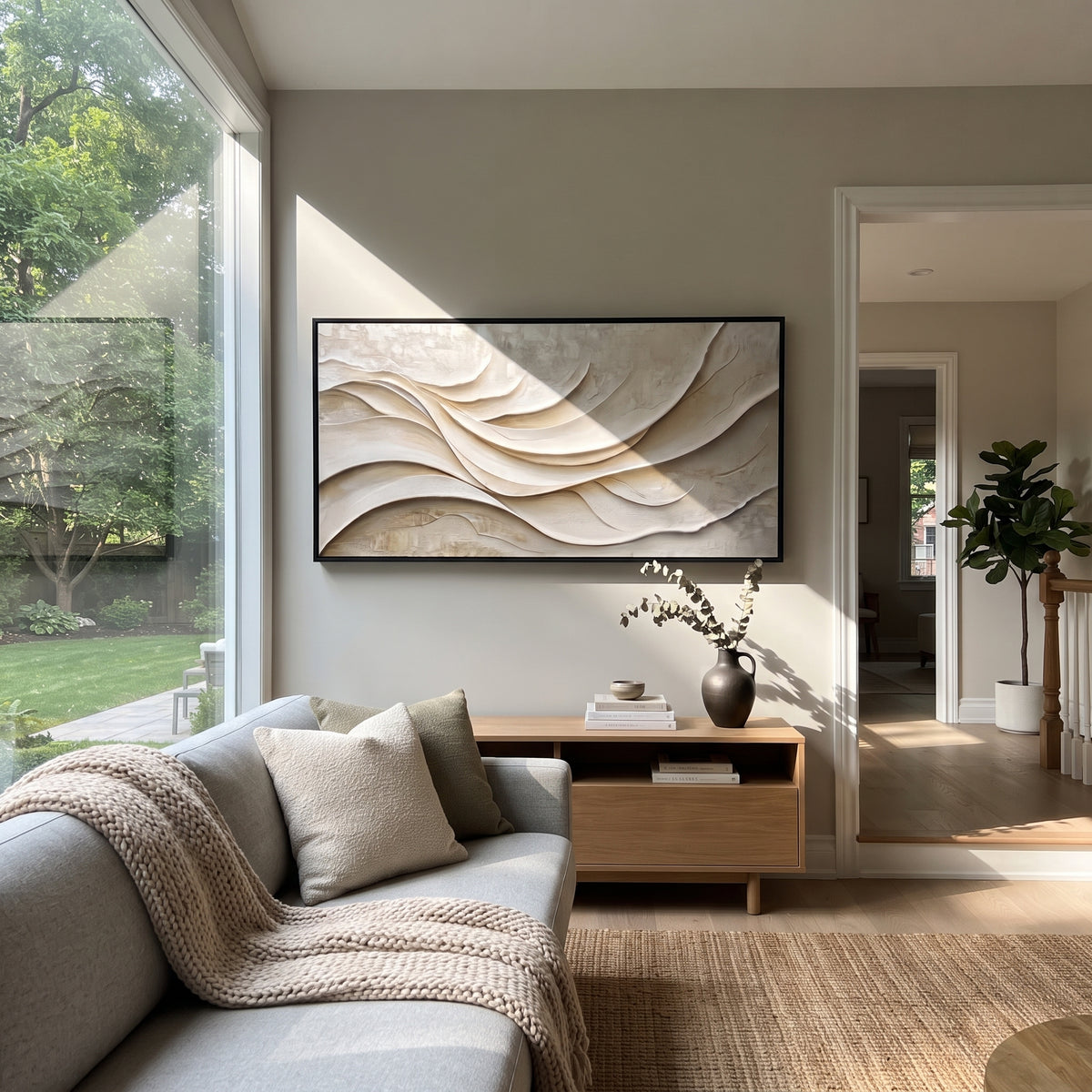 "Dune Dune Wave Relief" - Modern Heavy Impasto Ocean Wave Seascape | White & Beige Palette Knife Painting | Luxury Horizontal Wall Art #Q 364