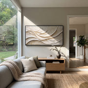 "Dune Dune Wave Relief" - Modern Heavy Impasto Ocean Wave Seascape | White & Beige Palette Knife Painting | Luxury Horizontal Wall Art #Q 364