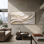 "Dune Dune Wave Relief" - Modern Heavy Impasto Ocean Wave Seascape | White & Beige Palette Knife Painting | Luxury Horizontal Wall Art #Q 364