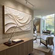 "Dune Dune Wave Relief" - Modern Heavy Impasto Ocean Wave Seascape | White & Beige Palette Knife Painting | Luxury Horizontal Wall Art #Q 364