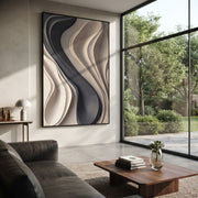 "Carved Charcoal Ribbon Relief" - Modern Heavy Impasto Abstract Artwork | Grey & Beige Palette Knife Painting | Luxury Vertical Wall Art #Q 365