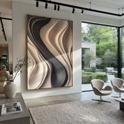 "Carved Charcoal Ribbon Relief" - Modern Heavy Impasto Abstract Artwork | Grey & Beige Palette Knife Painting | Luxury Vertical Wall Art #Q 365