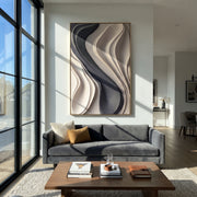 "Carved Charcoal Ribbon Relief" - Modern Heavy Impasto Abstract Artwork | Grey & Beige Palette Knife Painting | Luxury Vertical Wall Art #Q 365