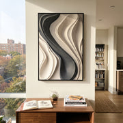 "Carved Charcoal Ribbon Relief" - Modern Heavy Impasto Abstract Artwork | Grey & Beige Palette Knife Painting | Luxury Vertical Wall Art #Q 365