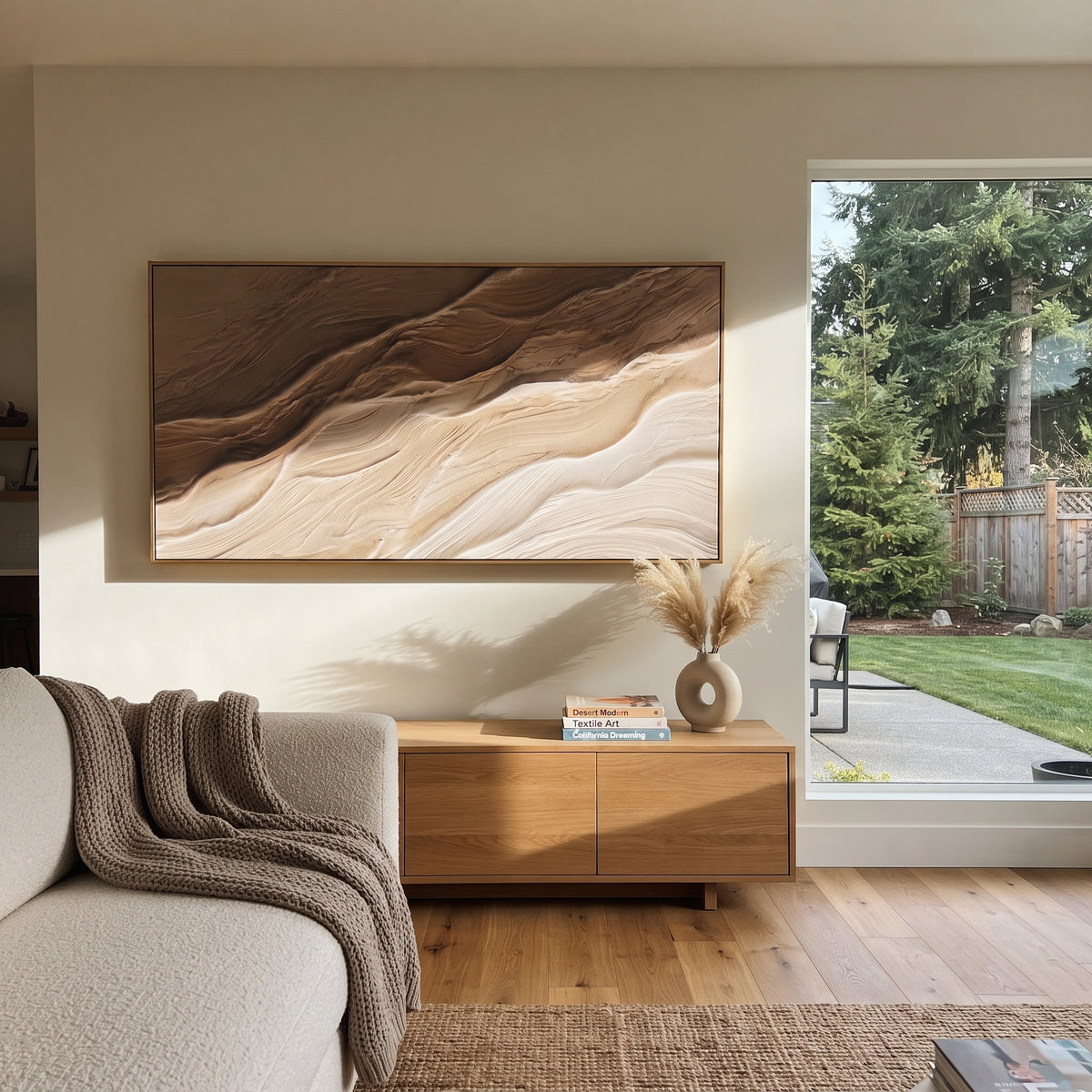 Cascading Sand Ripple Relief focuses on white, beige, brown raised plaster waves with folded contour bands, soft dune-like ridges, and quiet negative space across the panoramic composition, keeping the product description tied to the visible artwork rather than a generic texture category. The composition is built from layered ridges, carved plaster edges, curved bands, granular breaks, and raised channels that move across the canvas with a clear directional rhythm. Pale passages, darker accents