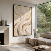 "Champagne Ribbon Drift Relief" - Modern Heavy Impasto Abstract Textured Artwork | White & Gold Palette Knife Painting | Luxury Vertical Wall Art #Q 370