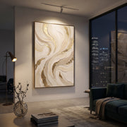 "Champagne Ribbon Drift Relief" - Modern Heavy Impasto Abstract Textured Artwork | White & Gold Palette Knife Painting | Luxury Vertical Wall Art #Q 370