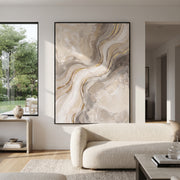 "Taupe Marble Current Relief" - Modern Heavy Impasto Abstract Textured Artwork | White & Gold Palette Knife Painting | Luxury Vertical Wall Art #Q 371