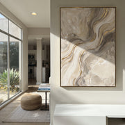 "Taupe Marble Current Relief" - Modern Heavy Impasto Abstract Textured Artwork | White & Gold Palette Knife Painting | Luxury Vertical Wall Art #Q 371