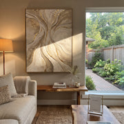 "Pearl Contour Creek Relief" - Modern Heavy Impasto Abstract Textured Artwork | White & Gold Palette Knife Painting | Luxury Vertical Wall Art #Q 372