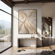 "Pearl Contour Creek Relief" - Modern Heavy Impasto Abstract Textured Artwork | White & Gold Palette Knife Painting | Luxury Vertical Wall Art #Q 372