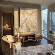"Pearl Contour Creek Relief" - Modern Heavy Impasto Abstract Textured Artwork | White & Gold Palette Knife Painting | Luxury Vertical Wall Art #Q 372