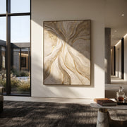 "Pearl Contour Creek Relief" - Modern Heavy Impasto Abstract Textured Artwork | White & Gold Palette Knife Painting | Luxury Vertical Wall Art #Q 372