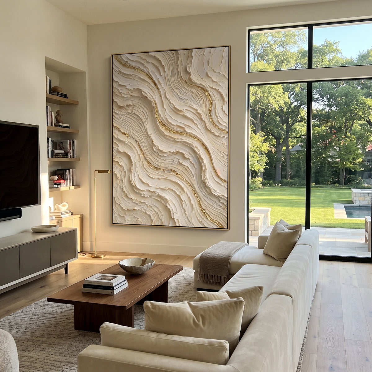 "Sandstone Dune Cascade Relief" - Modern Heavy Impasto Abstract Textured Artwork | White & Gold Palette Knife Painting | Luxury Vertical Wall Art #Q 373