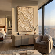 "Sandstone Dune Cascade Relief" - Modern Heavy Impasto Abstract Textured Artwork | White & Gold Palette Knife Painting | Luxury Vertical Wall Art #Q 373