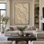 "Sandstone Dune Cascade Relief" - Modern Heavy Impasto Abstract Textured Artwork | White & Gold Palette Knife Painting | Luxury Vertical Wall Art #Q 373
